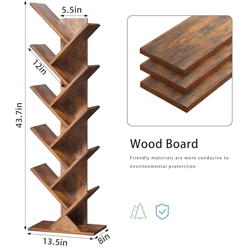 SHEEPAM 10 Tier Tree Book Shelf, Floor Mount, Wood, Unfinished Finish, Freestanding