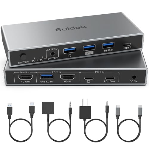 SUIDEK 6.25x5x2.44 inches Model V1321A KVM Switch 4K@60Hz Manual Control HDMI+USB-C Surface Mount