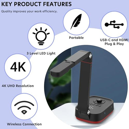 QOMO 4.3 Pounds QPC100W 3840 x 2160 Document Camera, Wi-Fi/HDMI/USB Connectivity, Black