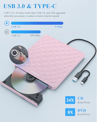 ORIGBELIE 2.5" TP520-Pink USB 3.0 CD/DVD External Drive, 8x, 24x