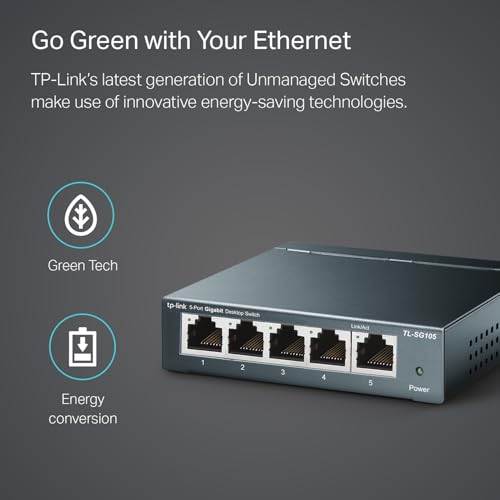 TP-Link 5-Port TL-SG105 Ethernet Switch, 10/100/1000Mbps, Metal Case, Plug and Play