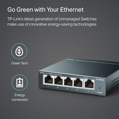 TP-Link 5-Port TL-SG105 Ethernet Switch, 10/100/1000Mbps, Metal Case, Plug and Play