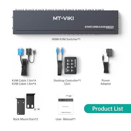 MT-VIKI 8-Port KVM Switch VC-801UK-L, 5V 0.5A Input, VGA Connector, Push Button Control, 8 Way Circuit, Rack Mountable