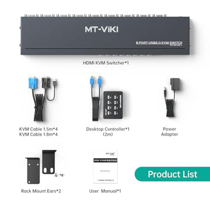 MT-VIKI 8-Port KVM Switch VC-801UK-L, 5V 0.5A Input, VGA Connector, Push Button Control, 8 Way Circuit, Rack Mountable