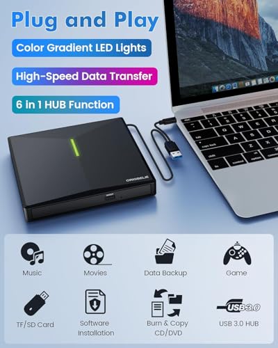 ORIGBELIE External CD/DVD Drive 24xCD/8xDVD USB 3.0 Portable