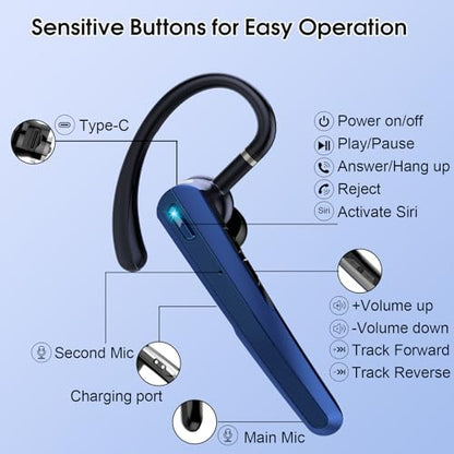 Atheewon N19 Wireless Bluetooth Headset V5.3, Noise Cancellation, Bluetooth 5.3, Waterproof, In-Ear, Single Ear, Dark Blue