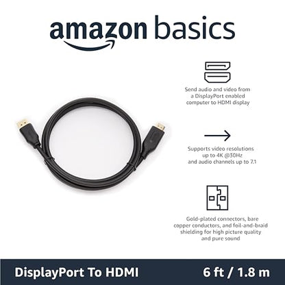Amazon Basics 6 ft DisplayPort to HDMI Cable, Model HL-007263, Supports 1920x1200 Resolution at 30Hz, Male-to-Male Connector
