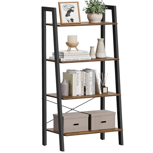 VASAGLE 4-Tier Ladder Shelf ULLS44X Floor Mount Steel Frame Rustic Brown and Ink Black