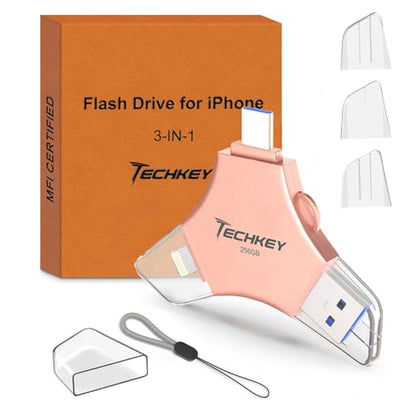 Techkey 256GB Flash Drive USB/Lightning/Type-C External Storage for iPhone, Android, PC - Pink