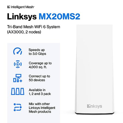 Linksys 3000 Mbps MX20MS2 Wi-Fi 6 Router, Dual-Band, 4000 sq. ft Coverage, 4 x Gigabit Ethernet Ports