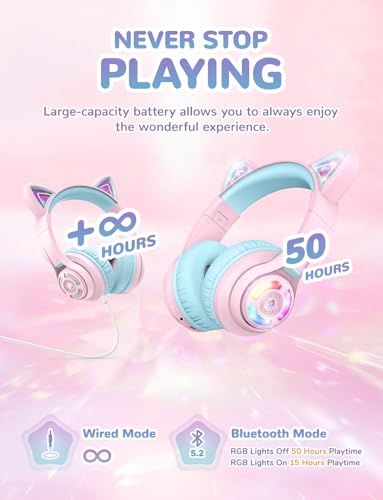 iClever BTH13 Over-Ear Kids Headphones, Wireless, Bluetooth 5.2, 50 Hours Playtime, 40mm Driver, 3.5mm Audio Cable, Pink