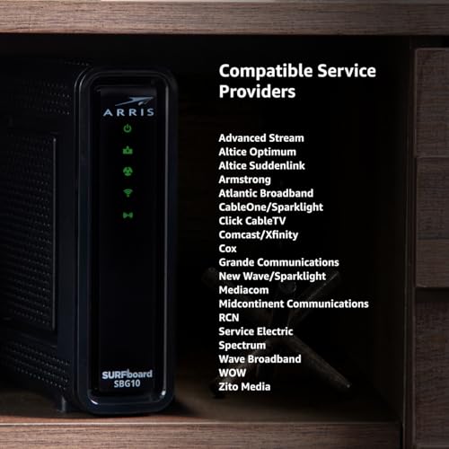 ARRIS 6.77" x 1.97" x 6.58" SBG10-ARRIS Ethernet Cable Modem 686Mbps Downstream 400Mbps Data Rate