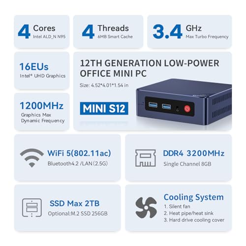 Beelink Mini PC Mini S12 Intel 12th Gen 4-Core N95 (up to 3.4GHz) 16GB DDR4 RAM 500GB SSD Dual HDMI 4K UHD