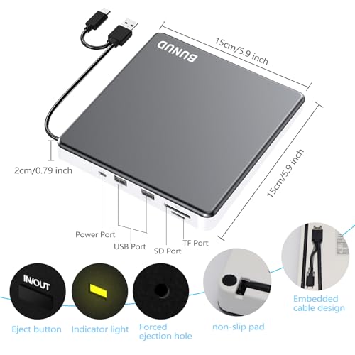 BUNUD 5.91" x 5.91" x 0.7" Model 726133312451 USB 2.0 USB 3.0 Type C External Optical Drive