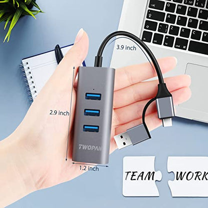 TWOPAN 3-Port USB 3.0 Hub with Ethernet Adapter, Model T3-L, Aluminum Construction, Compatible with Mac and Windows