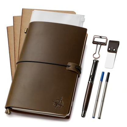 WANDERINGS A5 Travelers Notebook Bundle – 5.5" x 8.3" – Full-Grain Leather Journal with Pen Holder, Rollerball Pen, 3 Ink Refills, PVC Folder & Binder Clip