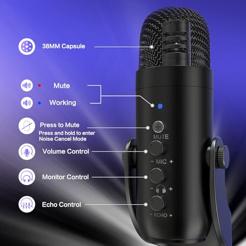 ZealSound K66 Microphone Series External USB Microphone with Lightning and USB-C Connectivity, Noise Cancellation, Volume Control, Gain Control, One-Touch Mute, Echo Adjustment, Unidirectional Polar Pattern