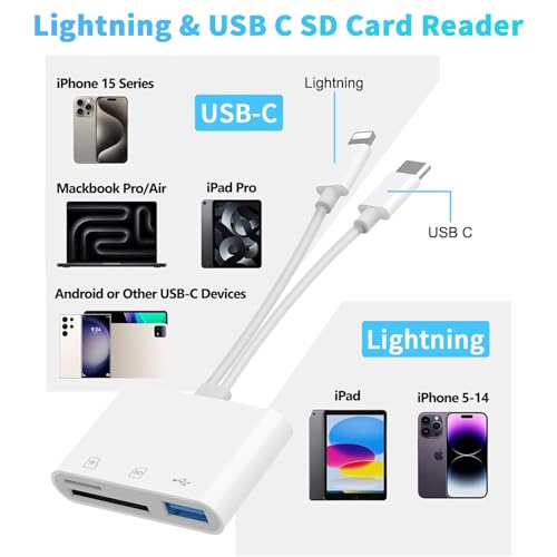 Aplimln SD Card Reader, 3 Slots, USB-A, Lightning & USB-C, Compatible with SD/SDHC/SDXC/microSD/microSDHC/microSDXC