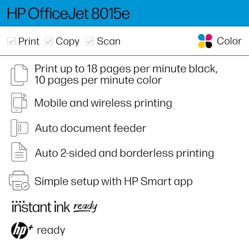 HP Inkjet Printer 8015e Automatic Duplex Color 1200x1200dpi Wireless All-in-One