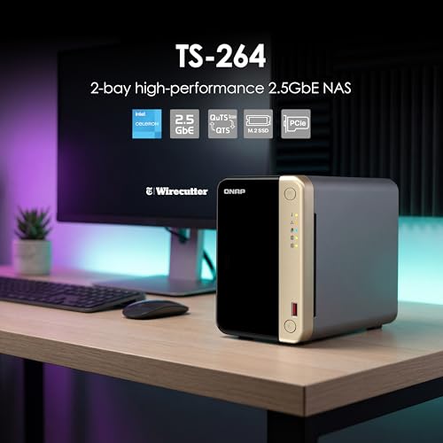 QNAP TS-264-8G-US 2 Bay Desktop NAS 8GB RAM Intel Celeron Quad-core 2.5GbE USB 3.2 Gen 2 Diskless
