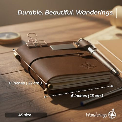 WANDERINGS A5 Travelers Notebook Bundle – 5.5" x 8.3" – Full-Grain Leather Journal with Pen Holder, Rollerball Pen, 3 Ink Refills, PVC Folder & Binder Clip