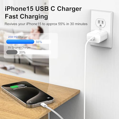 KTDRJN 3 Pack 20W USB C Fast Wall Chargers, Model A02012, Rated 15 Watts, Equipped with 6ft USB C to C Cables