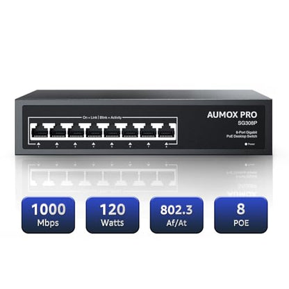 AUMOX PRO 8 Port PoE Switch SG308P 1000Mbps Unmanaged Ethernet Switch