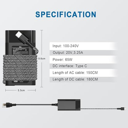 DJW 65W USB Type C Laptop Charger Model SM65CF-02 Input 100-240V Output 20V 3.25A