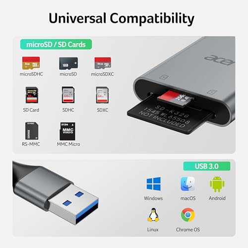 Acer Dual Slot SD Card Reader ODK550 USB 3.0 Type A Adapter for SD/MicroSD Cards