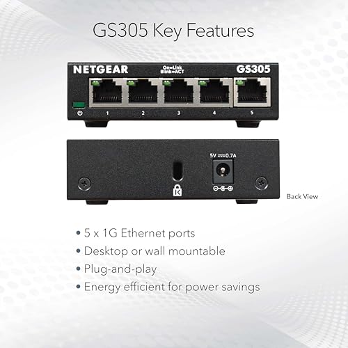 NETGEAR 5-Port Gigabit Ethernet Switch GS305 - 100-240 Volts - 1.1" Height - Metal Case