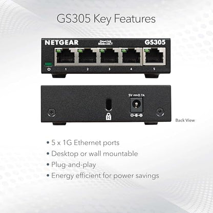NETGEAR 5-Port Gigabit Ethernet Switch GS305 - 100-240 Volts - 1.1" Height - Metal Case