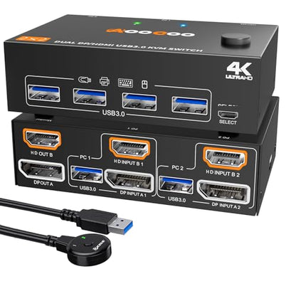 AOOCOO Dual Monitor KVM Switch AO-202DH3-US-2 4K@60Hz USB3.0 2-Way Rack Mount