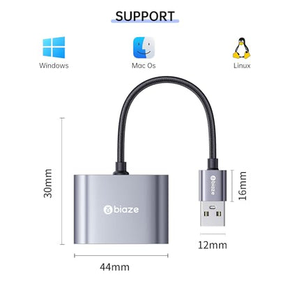biaze USB Audio Adapter 3.5mm Dual TRS Universal Compatibility
