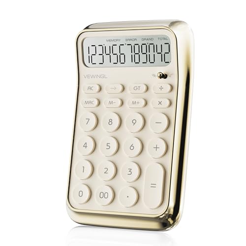 VEWINGL 12 Digit Standard Function Calculator, LCD Display, Battery Powered, Electroplated White, Model JN-900