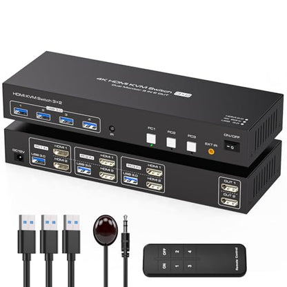 TJCXELE HDMI KVM Switch 2 Monitors 3 Computers 4K@60Hz