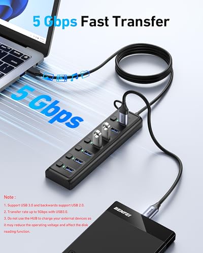 BENFEI USB 3.0 Hub 7-Port 5Gbps Black Plastic 000425black