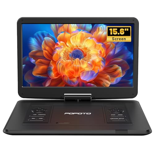 POFOTO 15.6" PD15 Portable DVD Player, 1280 x 800 Resolution, 5000mAh Battery, Black