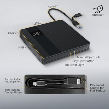 HKCMEMORY 5.51" x 5.59" Portable External Optical Drive PIXIU HX20 USB 3.0 Type A, Type C