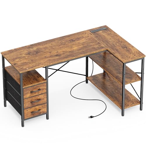 Huuger 47 inch L-Shape Computer Desk with Power Outlets, 3 Drawers, 2 Shelves, Rustic Brown