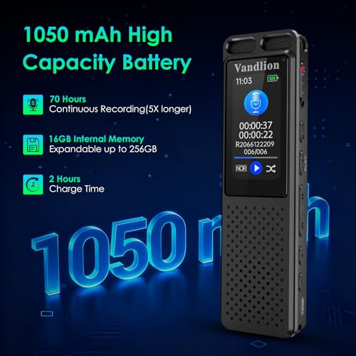 Vandlion 16GB V99 USB-C Digital Voice Recorder 1536Kbps - Playback, 100Hrs Battery Life