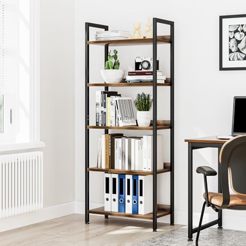 NUMENN 5 Tier Bookshelf Floor Mount Vintage Style Metal and Engineered Wood Bookcase