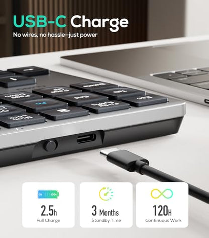 Nulea Portable Numeric Keyboard NUP34BT Bluetooth 5.0 Ergonomic USB-C Rechargeable QWERTY