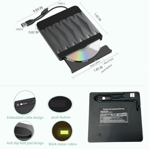 gingo 1.85" x 1.85" x 0.82" Diamond DVDR3 USB 3.0 Type-A & Type-C External CD/DVD Drive