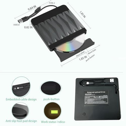 gingo 1.85" x 1.85" x 0.82" Diamond DVDR3 USB 3.0 Type-A & Type-C External CD/DVD Drive