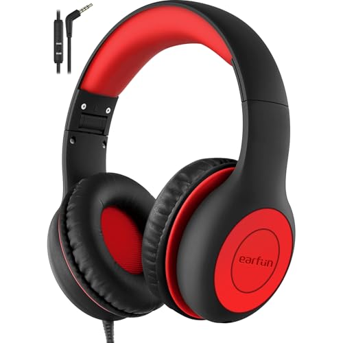 EarFun K1 Wired Kids Headphones with Microphone, 40mm Dynamic Drivers, Over-Ear Design, Black Red