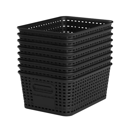 Wrrlors 8 Count Storage Bins with Lids Stackable Portable Black Plastic Baskets