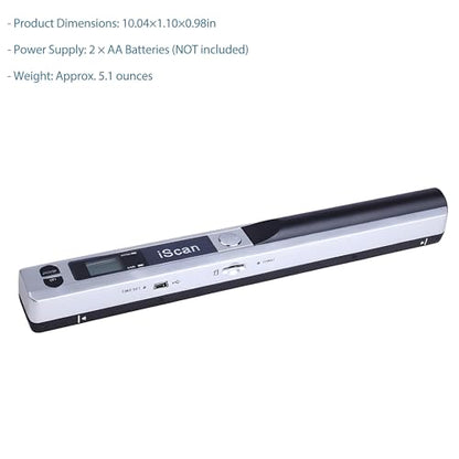 Generic Portable Document Scanner for Photos and Receipts, 900 dpi, USB Connection, Dimensions: 10.04"D x 1.1"W x 0.98"H