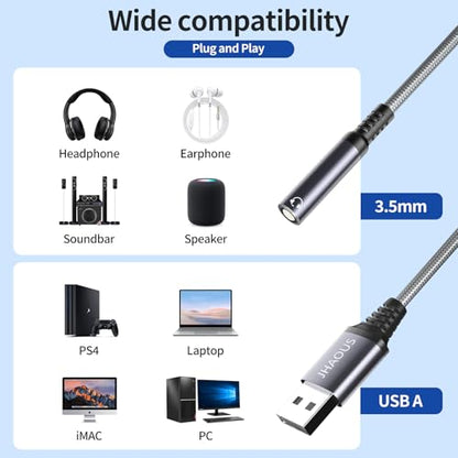JHAOUS USB-A to 3.5mm Jack Audio Adapter Model JHUSB-3.5 Compatibility: PC, Laptop, Mac, Linux, PS4, PS5