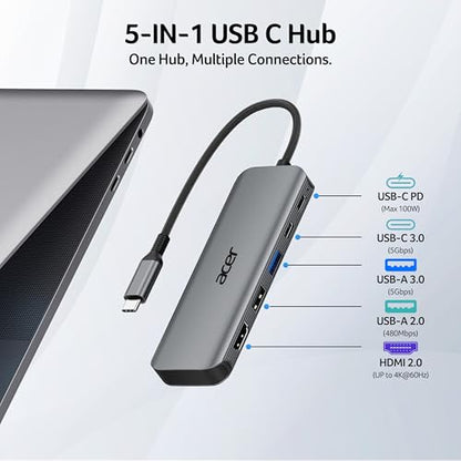 Acer 5-in-1 ODK5U0 USB-C Hub, 4K@60Hz Output, 100W Power Delivery, USB 3.0, Aluminum