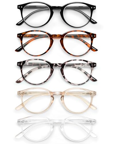 JOLISU 5 Count Reading Glasses 2 Diopters Round Full Rim Plastic Frame Black, Transparent, Leopard, Tortoise, Orange